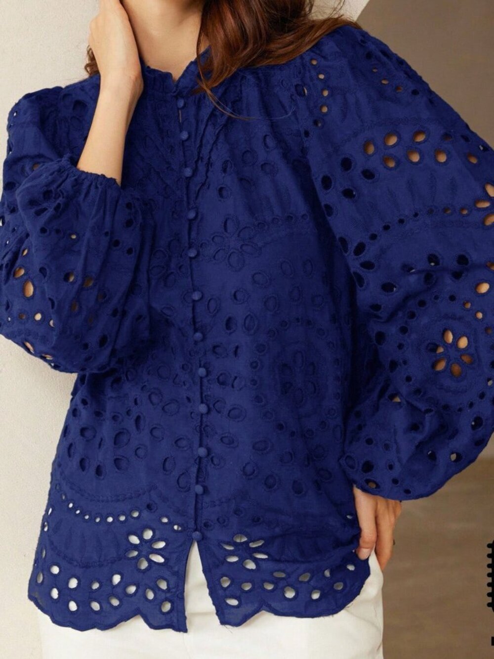Blue Boho Women's Casual Embroidered Hollow-Out Pleated Front Long Sleeve Blouse